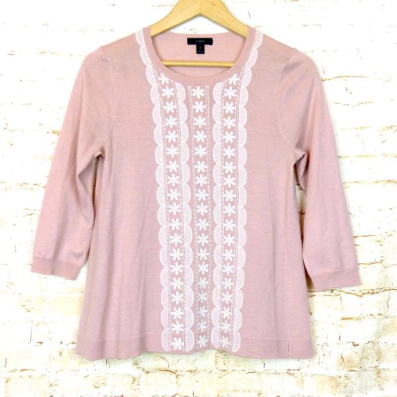 J. Crew Embroidered 100% Merino Wool Sweatshirt Womens S Pink Style A2201 FLAWS - Picture 1 of 14